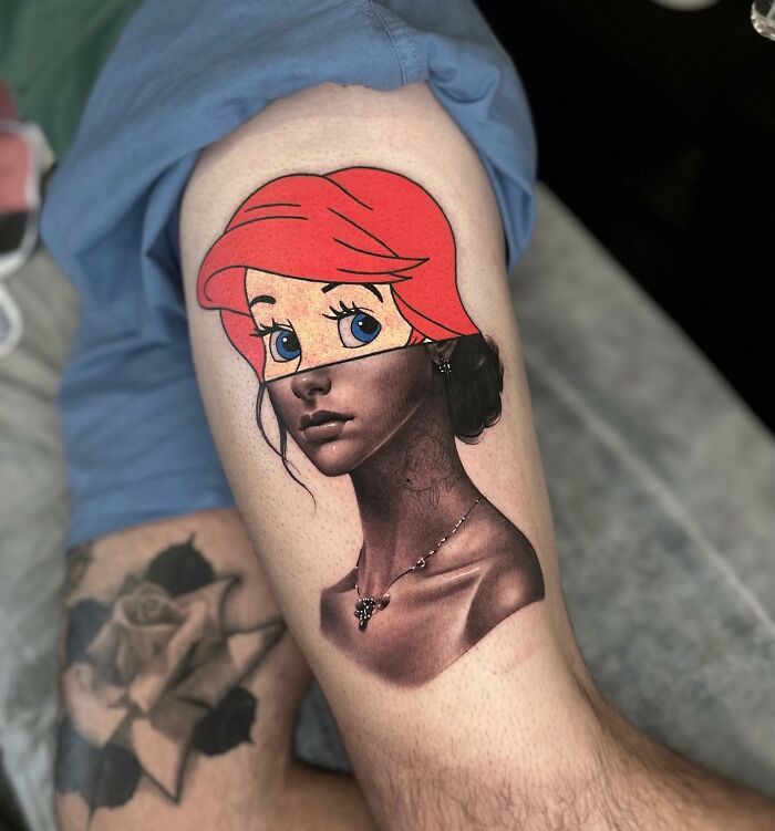 Tattoo merging two artistic styles: vibrant cartoon and realistic portrait on a person's leg.