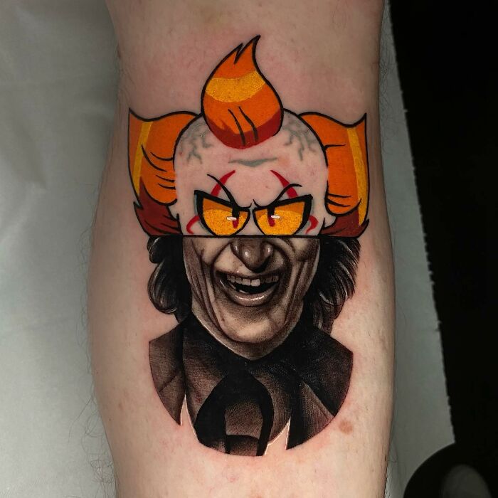 Tattoo featuring two artistic styles, blending a colorful clown and a grayscale portrait seamlessly.