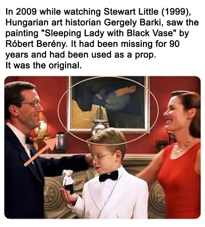 Scene from Stewart Little showing a boy in a white tuxedo, adults, and the hidden original history painting in the background.