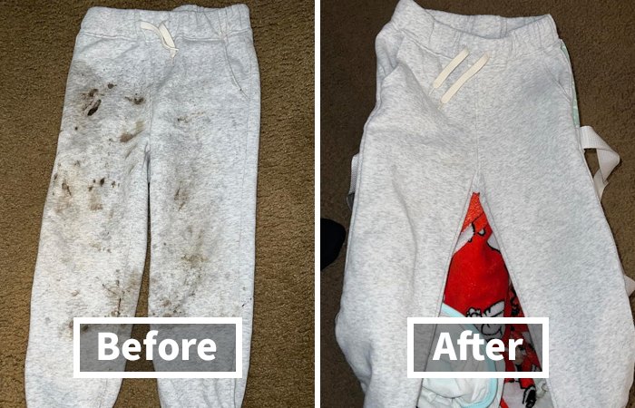 "Grey sweatpants before and after cleaning, showing the popularity of cult favorites for stain removal."