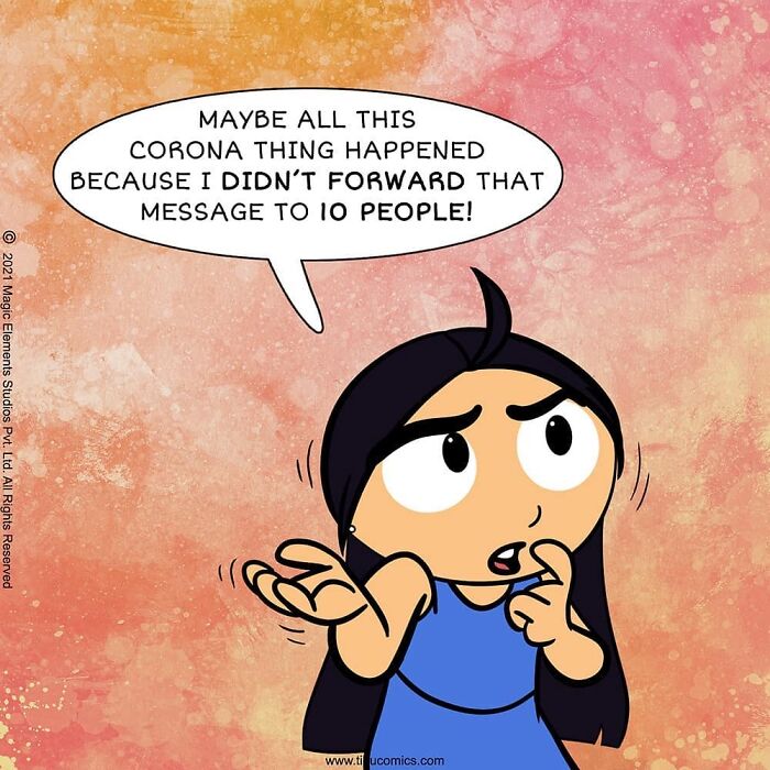 Comic panel of a spunky girl from Adventures Of Tibu thinking about a coronavirus message she didn’t forward.