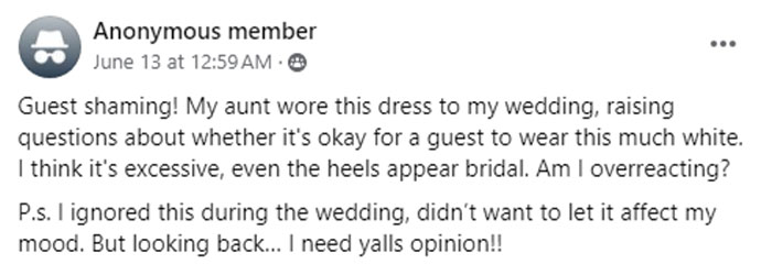 People Left Baffled Over Bride&rsquo;s Aunt Wearing An &ldquo;Inexcusable&rdquo; White Dress To Her Wedding