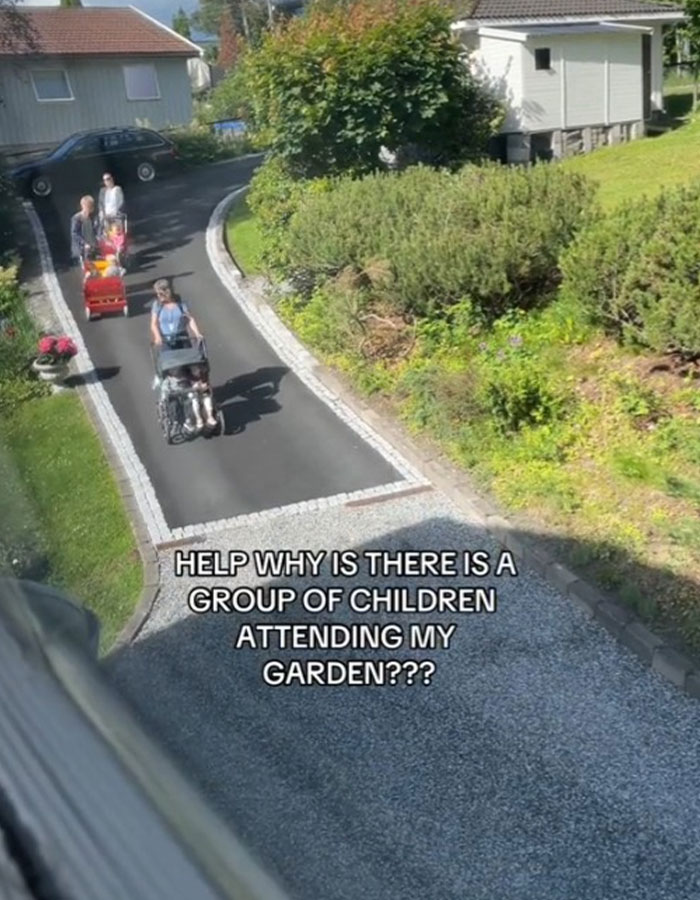 Woman watches baffled as strangers gather having a picnic in her yard on a sunny day near a garden path.