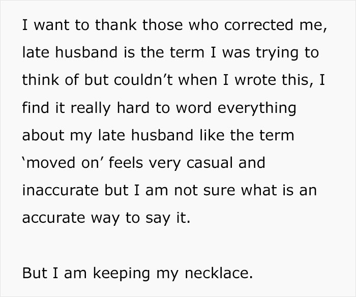 Widow Loves Wearing Her Necklace Made From Her Late Husband’s Wedding Band, SIL Wants It Widow Loves Wearing Her Necklace Made From Her Late Husband’s Wedding Band, SIL Wants It