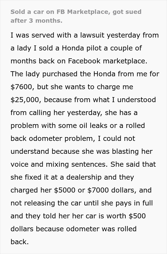 3 Months After Man Sells Car On FB Marketplace He Gets Sued, Asks Legal Community For Assistance 3 Months After Man Sells Car On FB Marketplace He Gets Sued, Asks Legal Community For Assistance