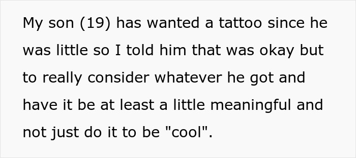 Text image about a parent discussing their 19-year-old son's meaningful tattoo choice.