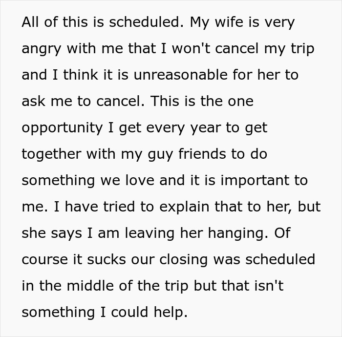 Guy Expects Wife To Handle House Move Alone Because He Booked A Guys' Trip In Advance Guy Expects Wife To Handle House Move Alone Because He Booked A Guys' Trip In Advance