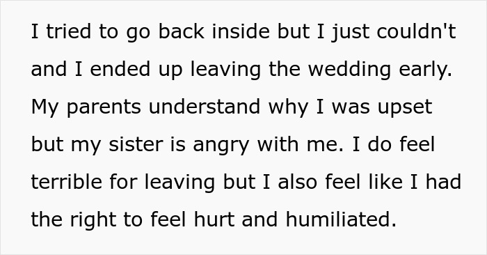 &ldquo;AITA For Leaving My Sister&rsquo;s Wedding Early After Her Maid Of Honor Humiliated Me In Her Speech?&rdquo;