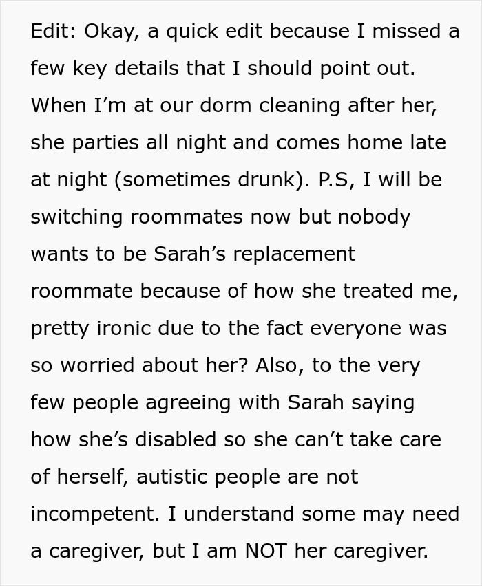 Family Enraged After Roommate Refuses To Be A Caretaker For Their Perfectly Capable Autistic Daughter Family Enraged After Roommate Refuses To Be A Caretaker For Their Perfectly Capable Autistic Daughter