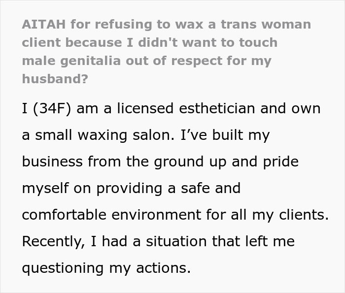 "Am I The Jerk For Refusing To Wax A Trans Woman Because I Didn't Want To Touch Male Genitalia?"