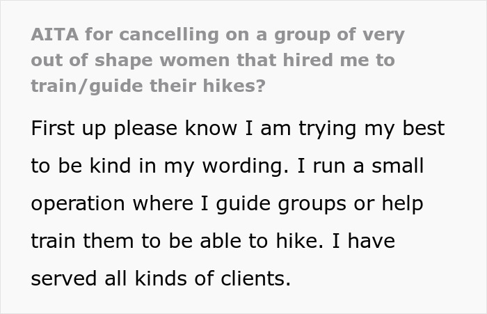 &ldquo;AITA For Canceling On A Group Of Very Out Of Shape Women That Hired Me To Guide Their Hikes?&rdquo;