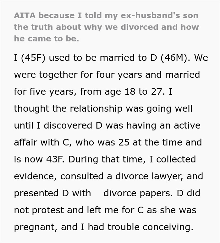&ldquo;AITA Because I Told My Ex-Husband&rsquo;s Son The Truth About Why We Divorced&rdquo;