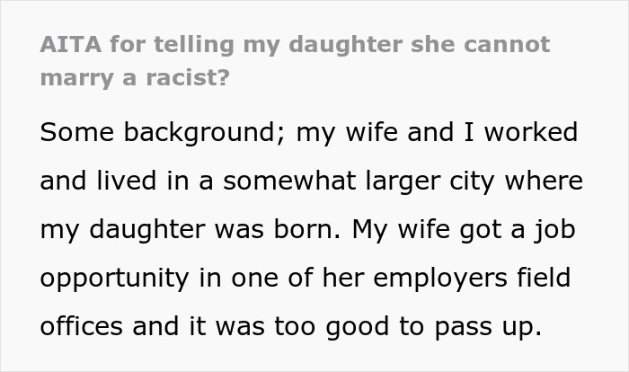 "AITA For Telling My Daughter She Cannot Marry A Racist?" "AITA For Telling My Daughter She Cannot Marry A Racist?"