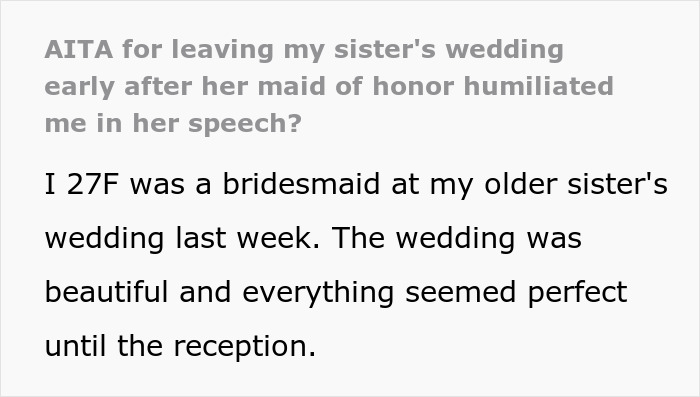 &ldquo;AITA For Leaving My Sister&rsquo;s Wedding Early After Her Maid Of Honor Humiliated Me In Her Speech?&rdquo;