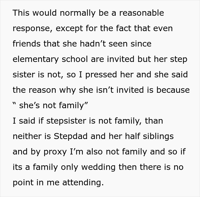 Bride Won't Invite Stepsis To Her Wedding As She’s Not Family, Mom Says Then She’s Not Family Either Bride Won't Invite Stepsis To Her Wedding As She’s Not Family, Mom Says Then She’s Not Family Either