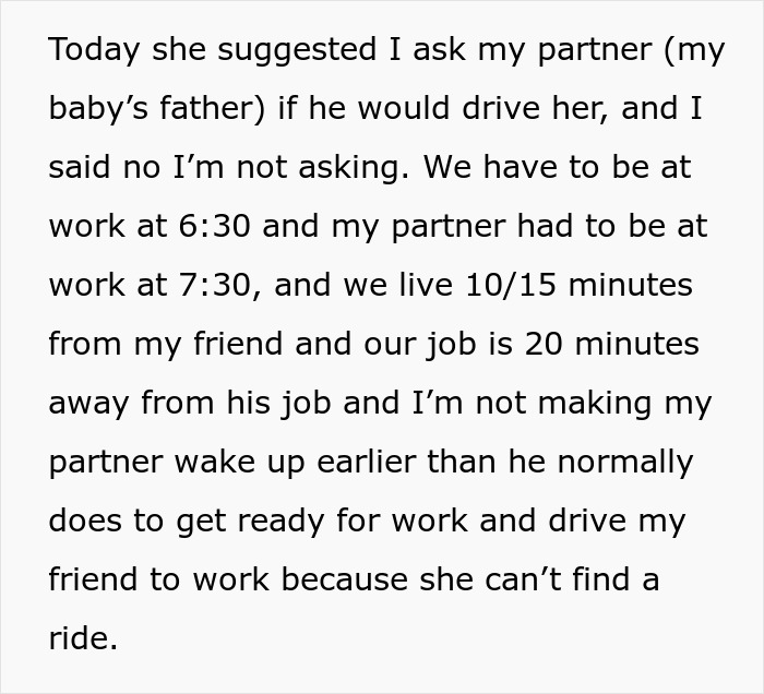 &ldquo;AITA For Refusing To Ask My Partner If He&rsquo;ll Drive My Friend To Work When I Go On Maternity Leave?&rdquo;