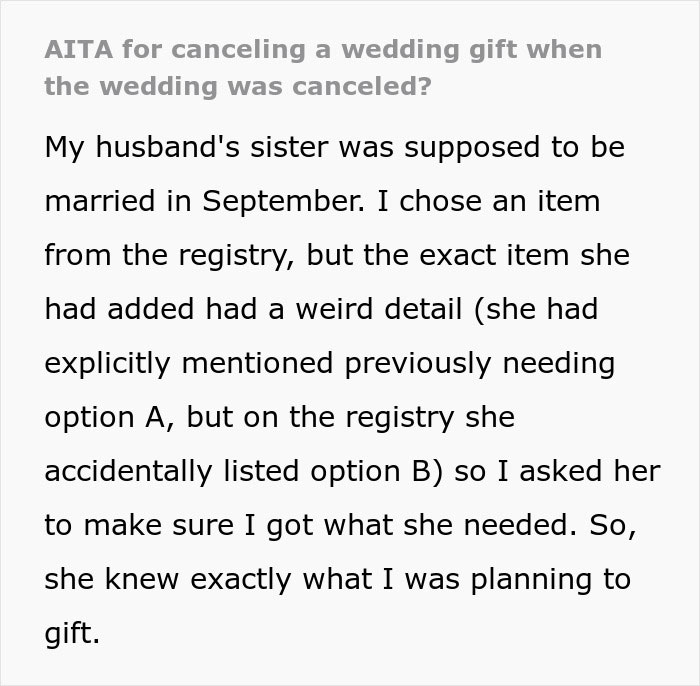"AITA For Canceling A Wedding Gift When The Wedding Was Canceled?" "AITA For Canceling A Wedding Gift When The Wedding Was Canceled?"