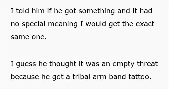 Text showing a parent's response to their son's tribal arm band tattoo decision.