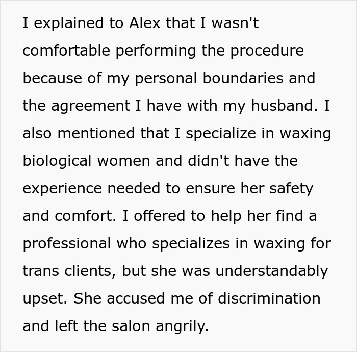 "Am I The Jerk For Refusing To Wax A Trans Woman Because I Didn't Want To Touch Male Genitalia?"