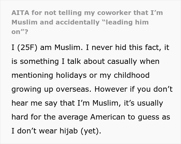 Woman Accused Of Not Telling Coworker Of Her Religion And "Leading Him On" Woman Accused Of Not Telling Coworker Of Her Religion And "Leading Him On"