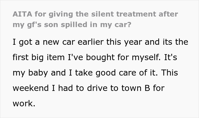 "AITA For Giving The Silent Treatment After My GF's Son Spilled In My Car?"