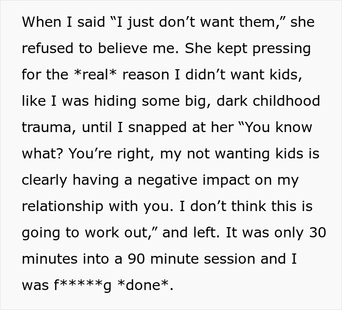 Married Lady Leaves Therapy 60 Minutes Early Because Therapist Tries To Correct Her Childfree Status