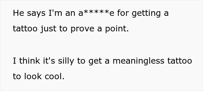 Text showing disagreement over copying a tattoo to make a point, described as silly and pointless.