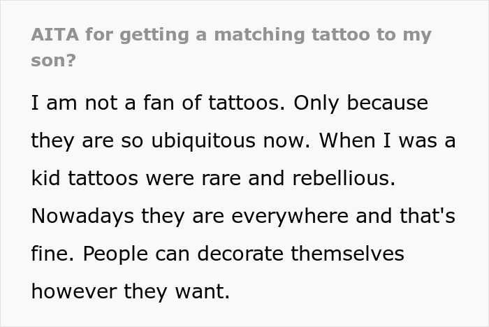 Text about a parent questioning if they were wrong for copying a 19-year-old son's tattoo to make a point.