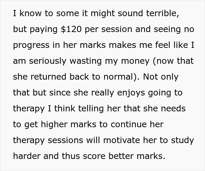"AITA For Cancelling My Daughter's Therapy Because She Has Bad Grades?"