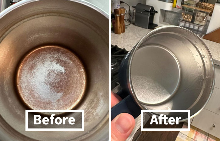 Before and after comparison of an easy home transformation cleaning a metal container to a shiny, like-new condition.