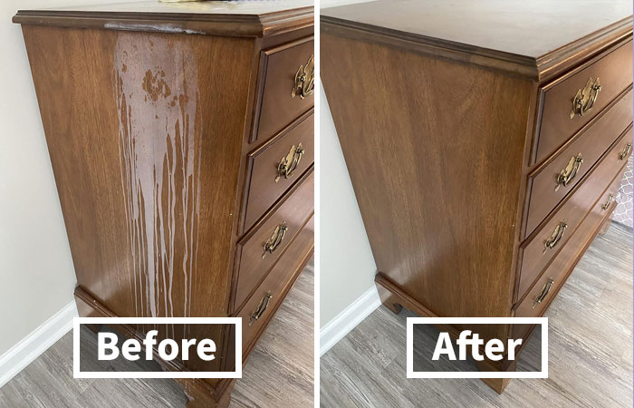 Side-by-side before and after photos showing an easy home transformation restoring a wooden dresser’s finish.