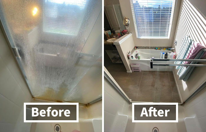 Shower transformation showing before with dirty glass and after with clean, modern bathroom in natural light.