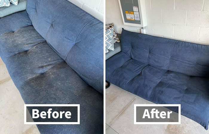 Before and after images showing easy home transformations of a blue couch cleaned and restored in a living space.