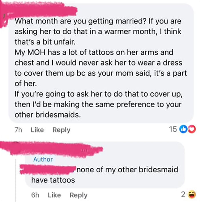 Social media conversation about a bride asking MOH to cover tattoo sleeves, sparking debate on fairness and appearance.