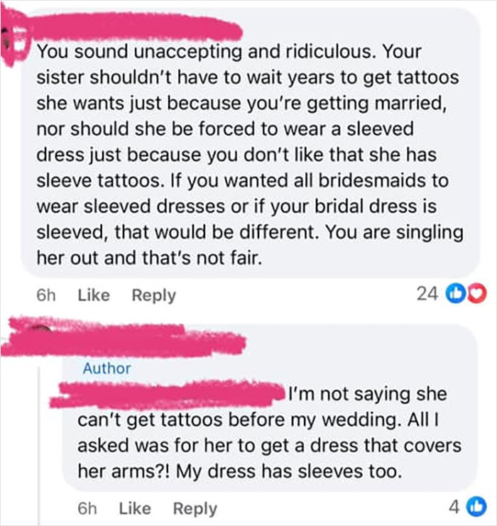 Online discussion about a bride asking bridesmaid to cover tattoo sleeves for the wedding.