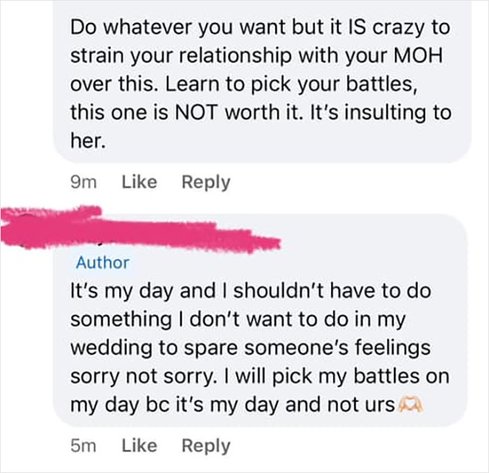 Comments discussing bride's request to MOH with dark tattoo sleeves.