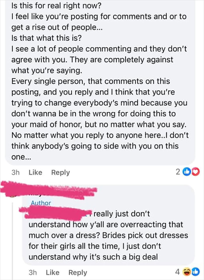 Social media comment thread discussing MOH tattoo sleeves and a bride's request to cover them up.