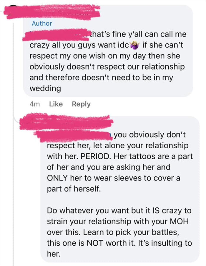 Text exchange about a bride asking MOH to cover tattoo sleeves, with responses about respect and relationship strain.