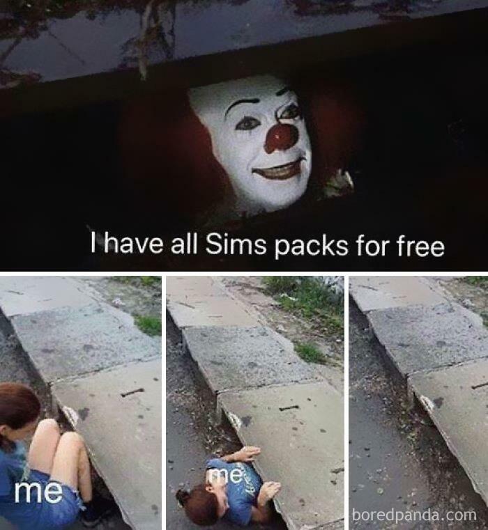 Clown offering Sims packs in a sewer, person humorously crawling toward it.