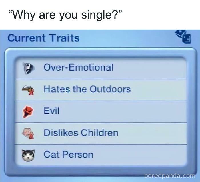 Game interface showing humorous character traits: over-emotional, hates outdoors, evil, dislikes children, cat person.