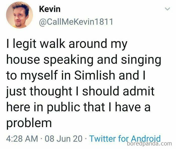 Tweet text humorously admitting to speaking Simlish, relatable meme moment.