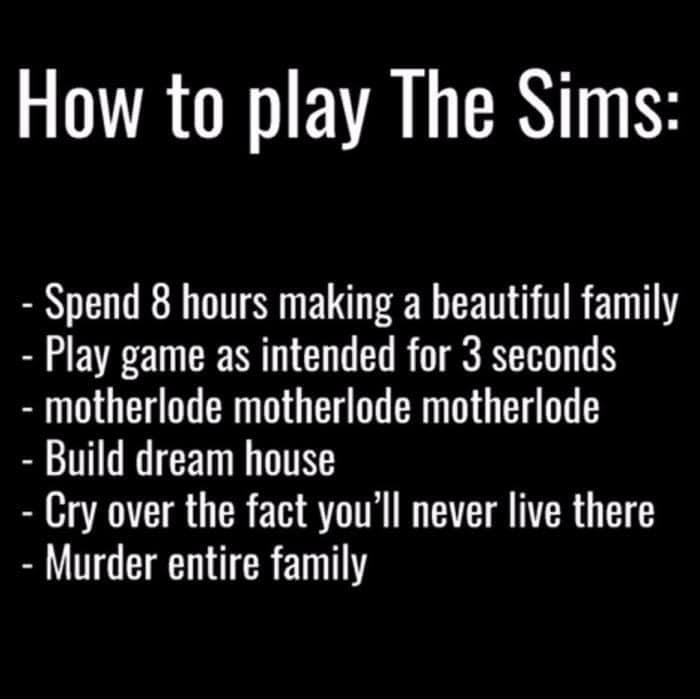 Text meme humorously describing relatable steps in playing The Sims game.