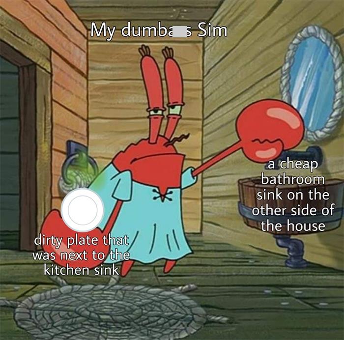 A cartoon character hilariously holding a plate, representing a relatable Sim meme.