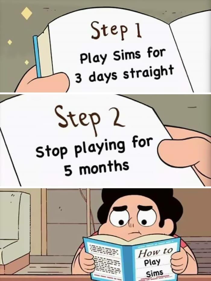 Cartoon character reading "How to Play Sims" book with humorous steps about playing Sims.