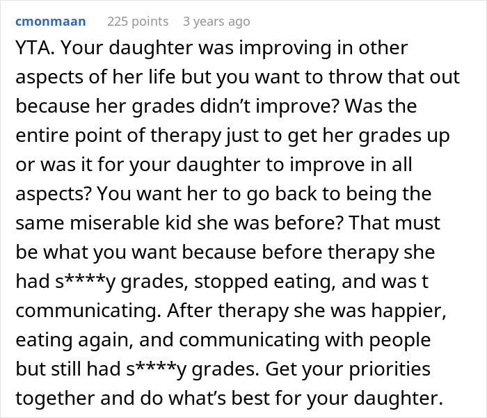 "AITA For Cancelling My Daughter's Therapy Because She Has Bad Grades?"