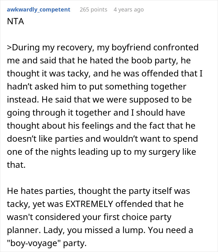 BF Demands GF Apologize For Having A 'Boob Voyage' Party BF Demands GF Apologize For Having A 'Boob Voyage' Party