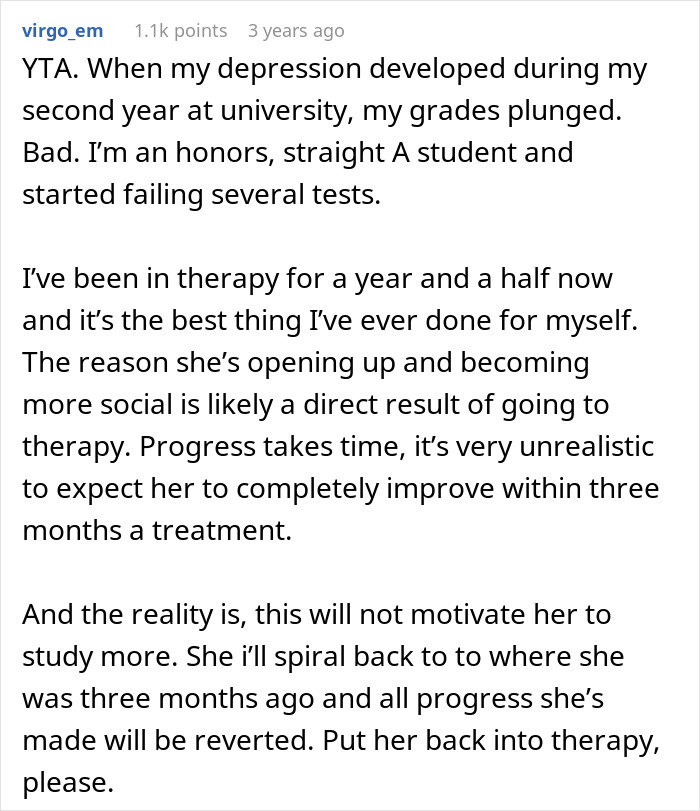 "AITA For Cancelling My Daughter's Therapy Because She Has Bad Grades?"