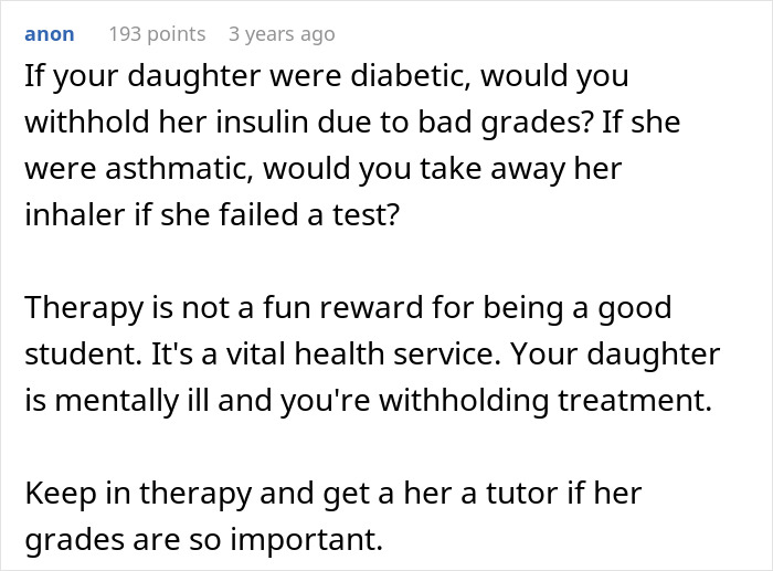 "AITA For Cancelling My Daughter's Therapy Because She Has Bad Grades?"