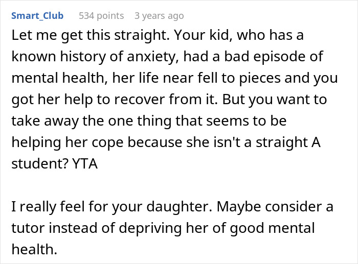 "AITA For Cancelling My Daughter's Therapy Because She Has Bad Grades?"