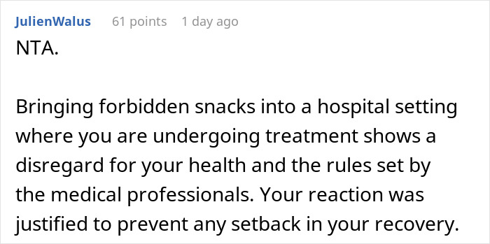 "AITA For Reporting My Wife For Bringing Me Snacks In The Hospital?"